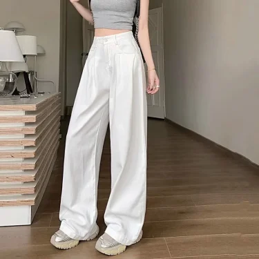 White Loose Casual Pants for Women 2025 Summer High Waisted Wide Leg Trousers Female Korean All-Match Slimming Straight Pants 6