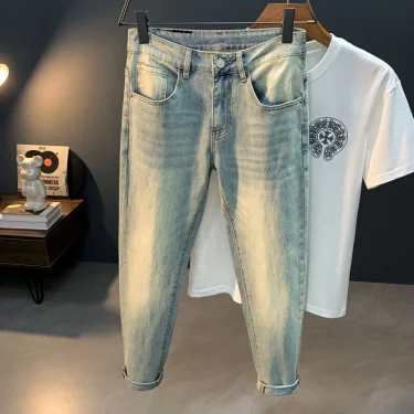 High end jeans men's fashion light luxury slim fit elastic casual pants simple and versatile small straight leg pants 2