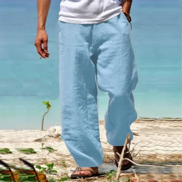 Men's Linen Beach Pants Breathable Loose Straight Trousers Male Summer Casual Solid Color Japanese Streetwear 4