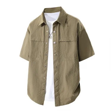 New Mens Cotton Shirt Short Sleeve Cargo Shirts Cotton Casual Solid Shirt Man Pocket Work Shirt Green Khaki Hiking Fishing 1