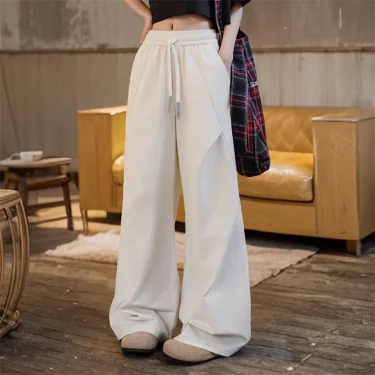 Maden Casual White Cleanfit Pleated Pants Women Elastic Waist Wide Leg Cargo Sweatpants Floor-Length Trousers Versatile Bottoms 1