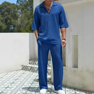 2025 spring and summer new hot selling men's casual silky fabric shirt solid color half sleeve trousers two-piece set 1