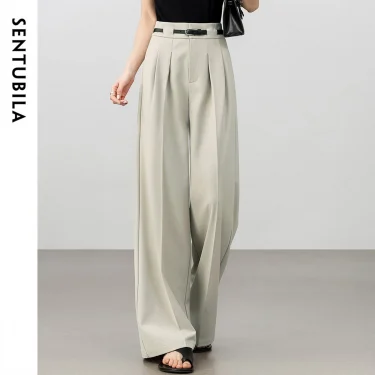 SENTUBILA Straight Pants Woman 2025 Spring Full-length High-waist Solid Folds Office Workwear Trousers with Belt 151K59377 4