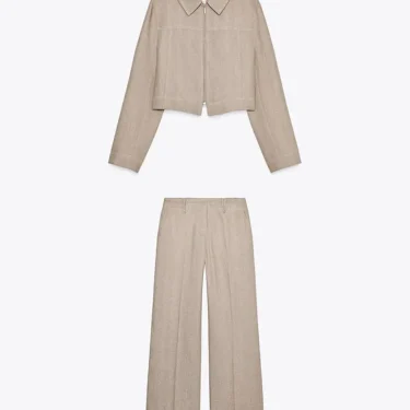 Casual Trousers Set Women Cotton Linen Lapel Zippers Crop Top Straight Pants Sets Lady Spring Autumn Solid Suit Woman Streetwear 6