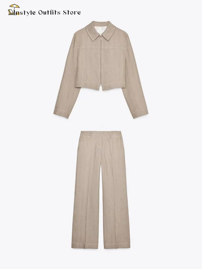 Casual Trousers Set Women Cotton Linen Lapel Zippers Crop Top Straight Pants Sets Lady Spring Autumn Solid Suit Woman Streetwear 6