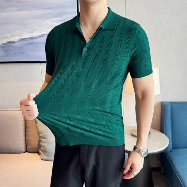 Men Business Casual Pure Color Polo Shirt with Human Word Woven Thin Stripe Short Sleeve Sweater.Stretchable Breathable T-shirt. 2