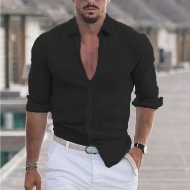 Spring Autumn Men's Quality Shirt Pure Cotton Single Breasted Hawaii Vacation Casual Loose Solid Color Lapel Long Sleeve Tops 4