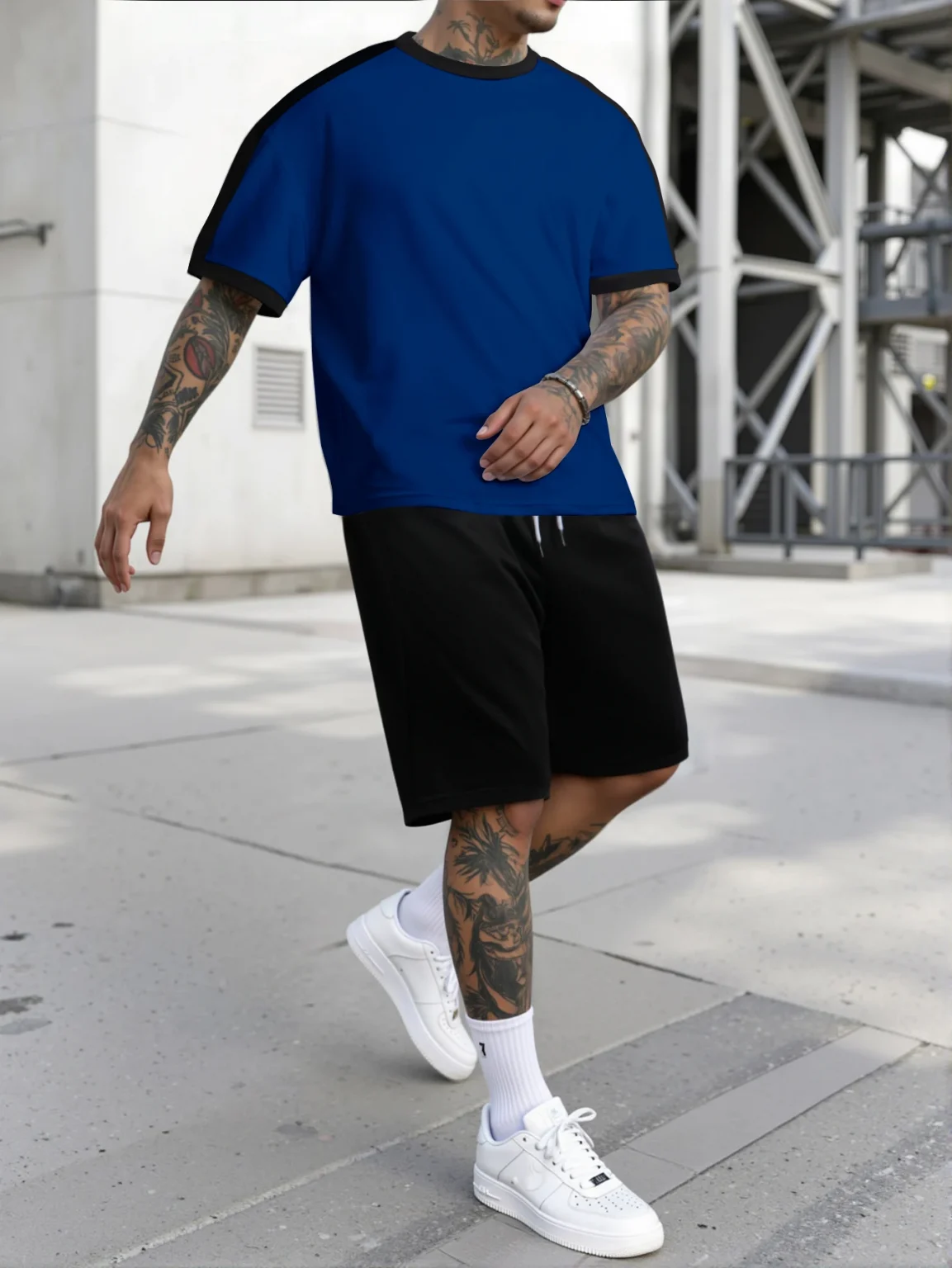 Short Sleeve Shorts Set, White t-shirt and Black Drawstring Shorts Sets, Men's Set 5