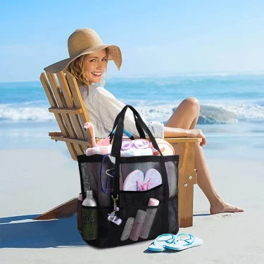 1PCS Large Capacity Mesh Beach Bag Sandproof Bag Oversized Foldable Lightweight Swimming Bag With Zipper For Vacation Beach 3
