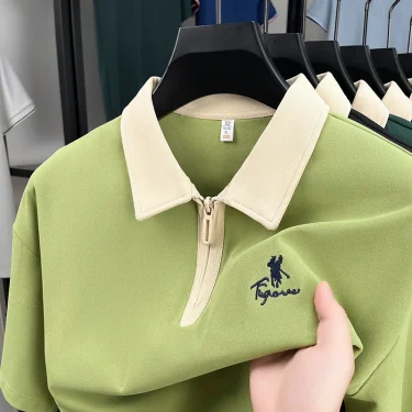 High Quality Ice Silk Short Sleeved T-shirt for Men in Summer, Thin Cut, Flip Collar, Casual Embroidery Polo Shirt 1