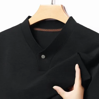 2025 Korean Style Men's Casual and Fashionable One Button V-neck Solid Color Short Sleeved T-shirt Summer Versatile Top 5