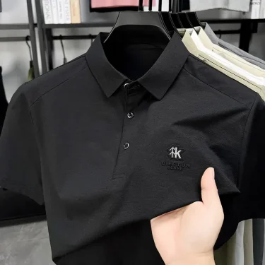 New Men's Business Casual Short Sleeved Shirt with Badge Solid Color Polo Shirt Fashionable Breathable Comfortable Versatile Top 5