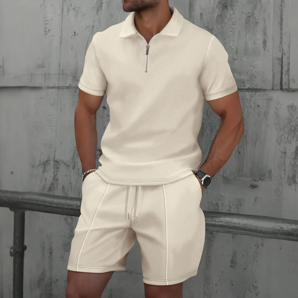 2025 simple men's suit summer new short sleeve shorts two-piece outdoor leisure handsome men's solid color trend suit 4