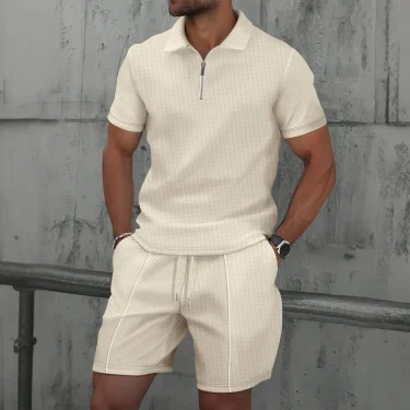 2025 simple men's suit summer new short sleeve shorts two-piece outdoor leisure handsome men's solid color trend suit 4