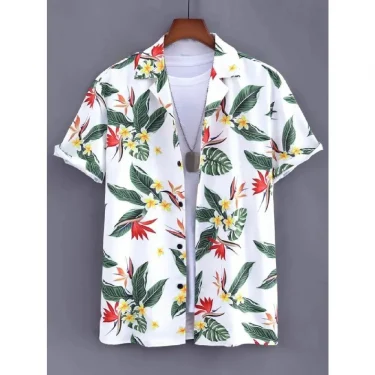 Hawaiian Beach Men's Short Sleeve Shirt with Plant Print Pattern Boy's Short Sleeve Lapel Casual Shirt Fashionable Tops 3