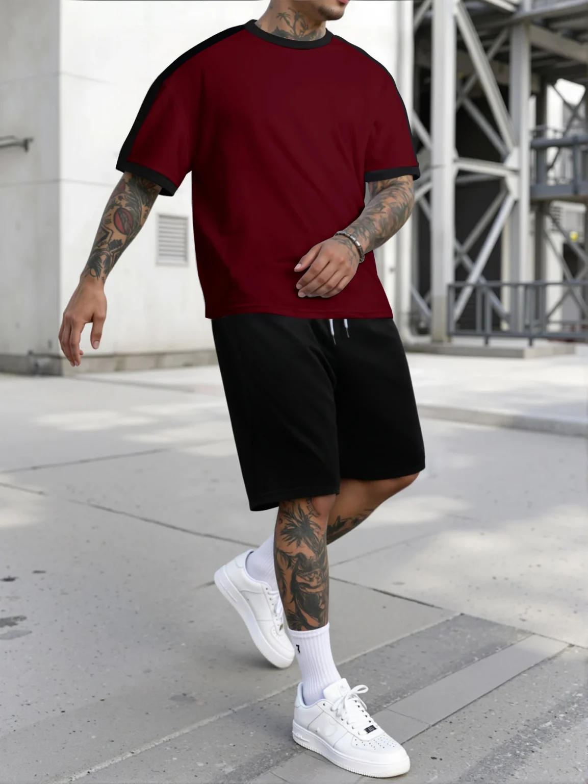 Short Sleeve Shorts Set, White t-shirt and Black Drawstring Shorts Sets, Men's Set 6