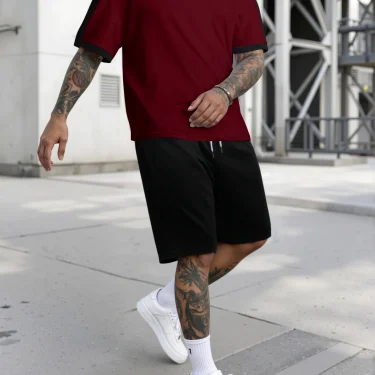 Short Sleeve Shorts Set, White t-shirt and Black Drawstring Shorts Sets, Men's Set 6