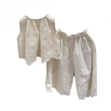 Bear Leader Girls' Set Summer New Girl Flower Embroidery Sleeveless Tank Top+Wide Leg Pants Two Piece Cute Girl Fashion Set 4