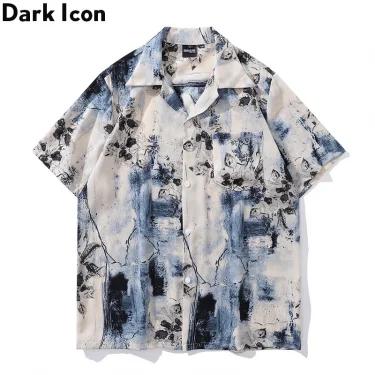Dark Icon Tie Dyeing Floral Hawaii Shirts Men Women Summer Cuba Collar Vintage Men's Shirt Short Sleeve 1