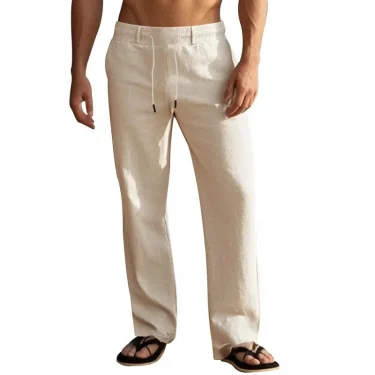 2024 drawstring men's simple fashion solid color casual cotton and linen straight trousers 4