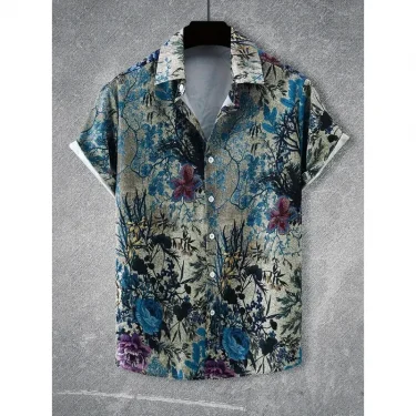 Men's casual Hawaiian fashion flower pattern printed short sleeved shirt summer men's clothing street casual wear 6