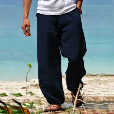 Men's Linen Beach Pants Breathable Loose Straight Trousers Male Summer Casual Solid Color Japanese Streetwear 3
