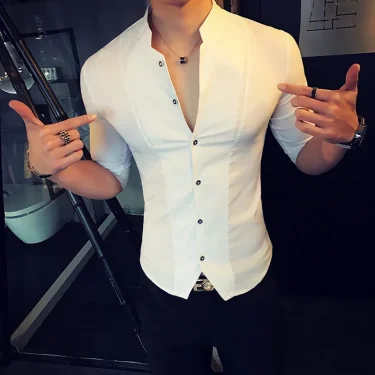 Men's Stand-up Collar Shirt Summer New Men's Fashion Slim Korean Half Sleeve High Quality Summer Short Sleeve Shirt 1