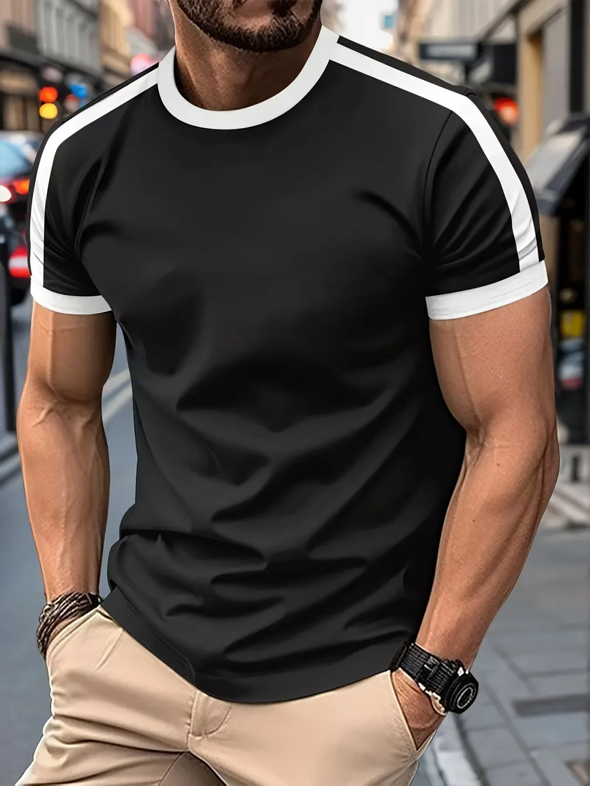 Men's Casual Short-Sleeved European and American Sports Fitness Contrasting Color Men's T-Shirt 3