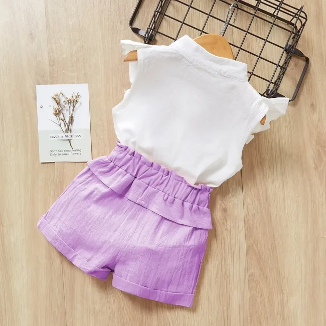 Girls Clothes Summer Flying Sleeved Round Neck Top+bow Solid Color Shorts 2-piece Set Pure Cotton Embroidered Flower Shirt Sets 2