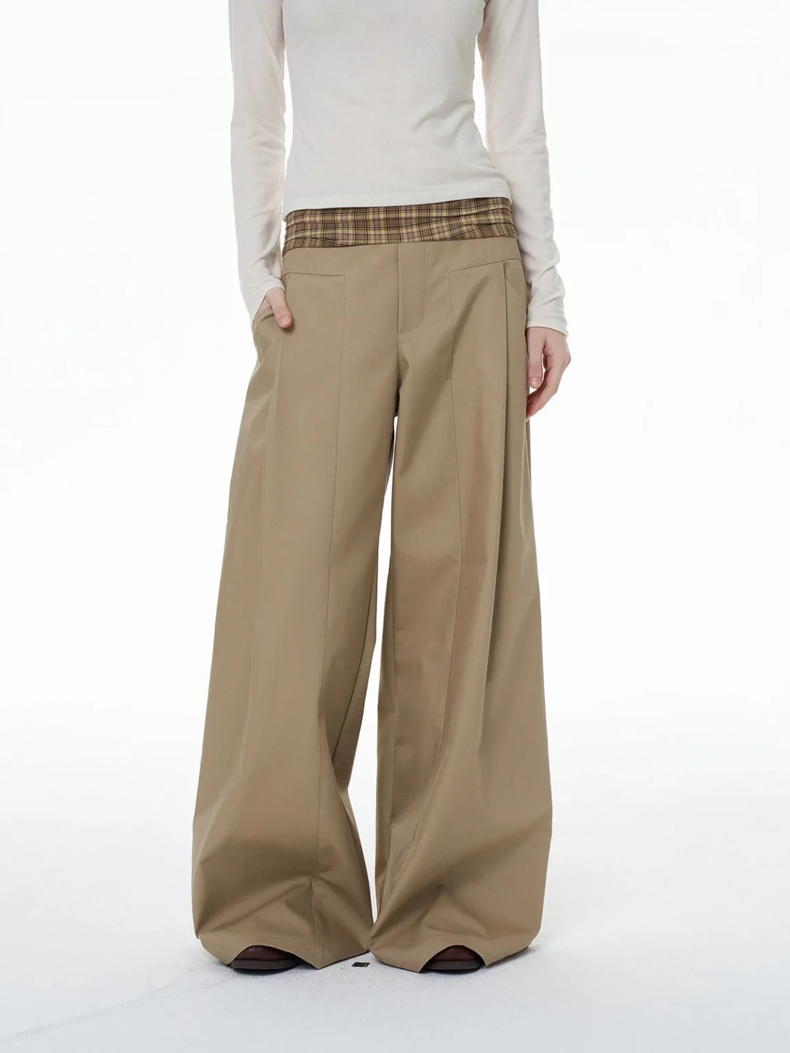 Women Casual Streetwear Basics Style Plaid Spliced Patchwork Khaki Black Suit Pants Japanese Korean Low Waist Rise Trousers 3