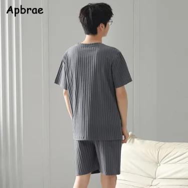 Summer Men Faux Cotton Pajamas Set Short Sleeves Shorts Sleepwear for Boy Big Size L-3XL Young Man Pijamas Pullover Homewear 6