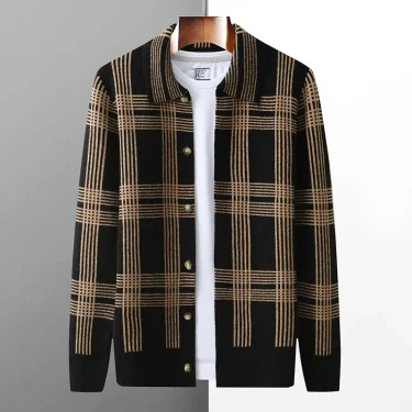 100% Merino Wool Men's Lapel Collar Knit Cardigan Coat 2025 Spring/ Autumn New POLO Neck Grid Suit Shirt Cashmere Jacket Sweater 4