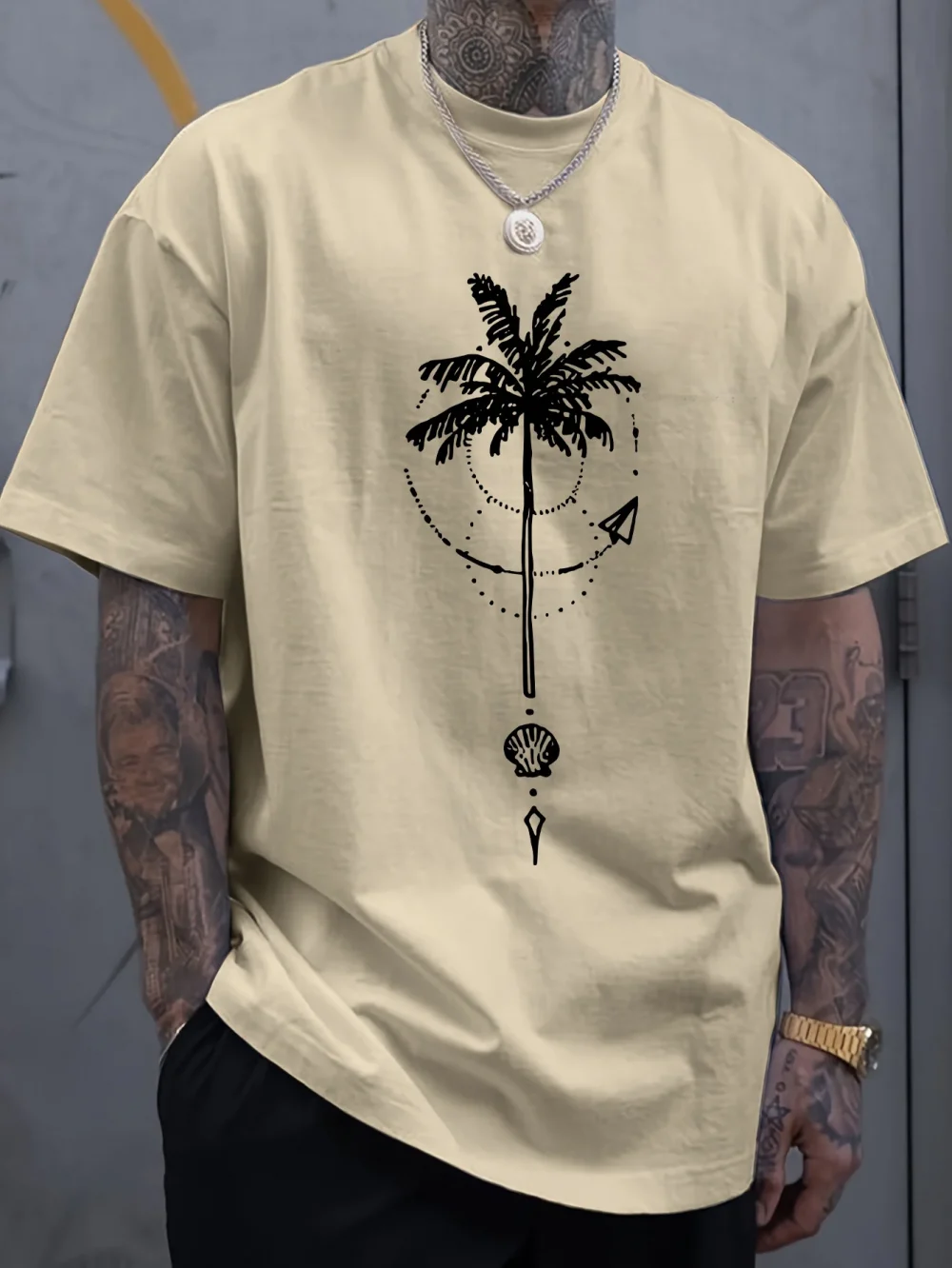 Men's summer 100 cotton fashionable sports casual loose coconut tree pattern printed round neck short sleeved T-shirt top 5
