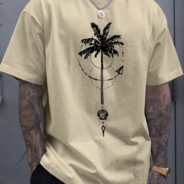 Men's summer 100 cotton fashionable sports casual loose coconut tree pattern printed round neck short sleeved T-shirt top 5