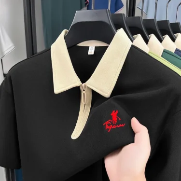 High Quality Ice Silk Short Sleeved T-shirt for Men in Summer, Thin Cut, Flip Collar, Casual Embroidery Polo Shirt 2
