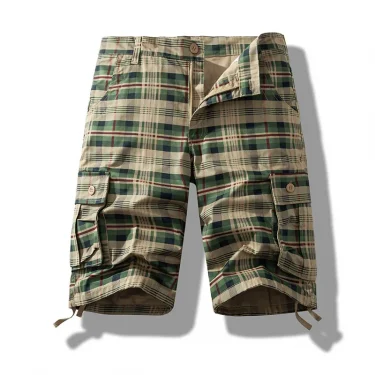 Men's Summer New Multi Pocket Pure Cotton Shorts Fashionable Plaid Casual Loose Shorts Outdoor Sports Wear Resistant Shorts 1