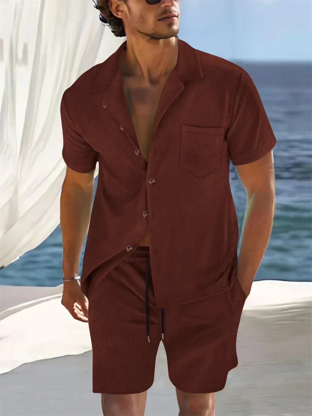 Cuban-style striped short sleeve cardigan shirt top + shorts Men's business casual suit, suitable for seaside vacation 4