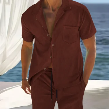Cuban-style striped short sleeve cardigan shirt top + shorts Men's business casual suit, suitable for seaside vacation 4