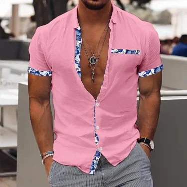 Fashionable Men's Hawaiian Shirt Casual Solid Color Printed Beach Pocket Short Sleeve Large Size 5XL New Style Multi 1