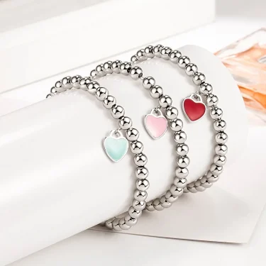 Authentic 925 Sterling Silver beads chain Heart pendant Bracelets for Women Street fashion designer Jewelry party wedding gifts 5