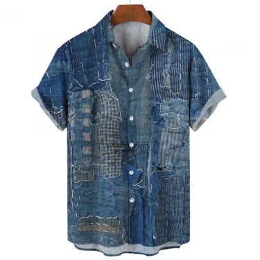 Fashion Patchwork Design Printed Pattern Men Women Short Sleeve Shirts Fashion Tops Casual Button Down Shirt Tops 4