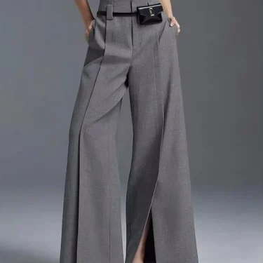 Lemongor Women Formal Suit Straight-leg Pants New Fashion Solid Color Split-Front High-Waisted Pleated Casual Trousers 3