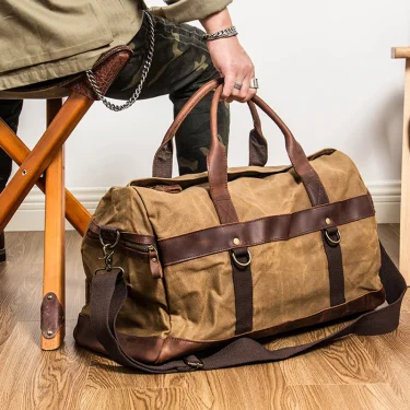 WaterProof Waxed Canvas Leather Men Travel Bag Hand Luggage Bag Carry On Large tote Vintage Men Duffle Weekend Bag big Overnight 1