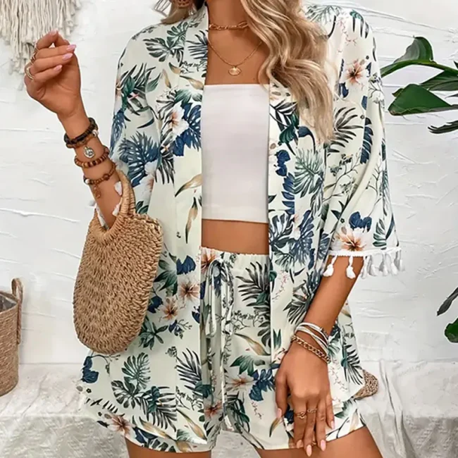 Two Piece Set For Women Outfits Open-front Cardigan Smock Flower Printed Beach Shorts Summer Suits Female Clothing Beachwear 5