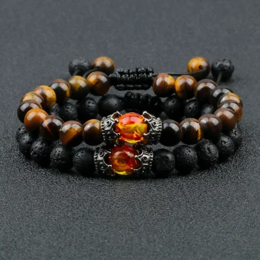 Black Lava Stone Crown Charm Tiger Eye Beads Bracelet For Men Women Braided Bracelets Handmade Adjustable Jewelry Pulseira 2