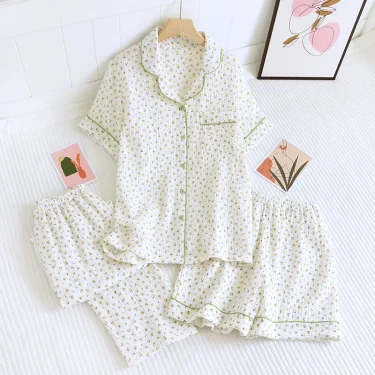 New summer women's cotton crepe three-piece short sleeve + shorts + trousers large size simple flower pajamas home service suit 1