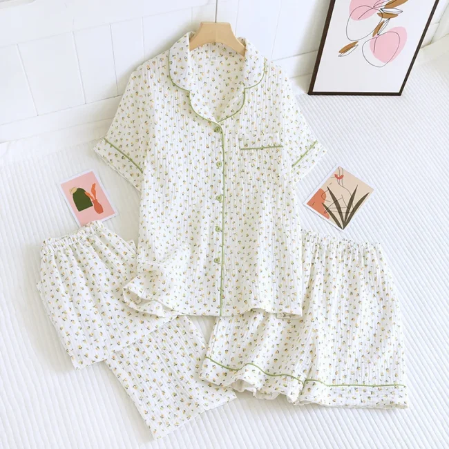 New summer women's cotton crepe three-piece short sleeve + shorts + trousers large size simple flower pajamas home service suit 1