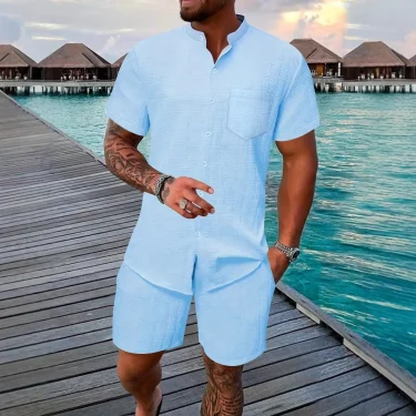 Fashion casual shirt short sleeve shorts suit men's stand collar shirt can cardigan outdoor beach two-piece set 1