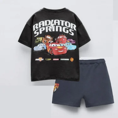 Car Tshirt+Shorts Two Piece Set Summer Clothing Boys Printed Tees Casual Sports Tees Black Shorts Trendy Costume Outer Wear 2