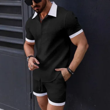 2025 Spring and summer new European and American fashion casual men's shirt color short-sleeved shorts beach suit 3